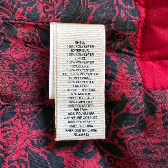 Red Quilted Puffer Jacket Sz S Black Fur Trim Floral Outdoor Winter Gorp Utility - Picture 12 of 14